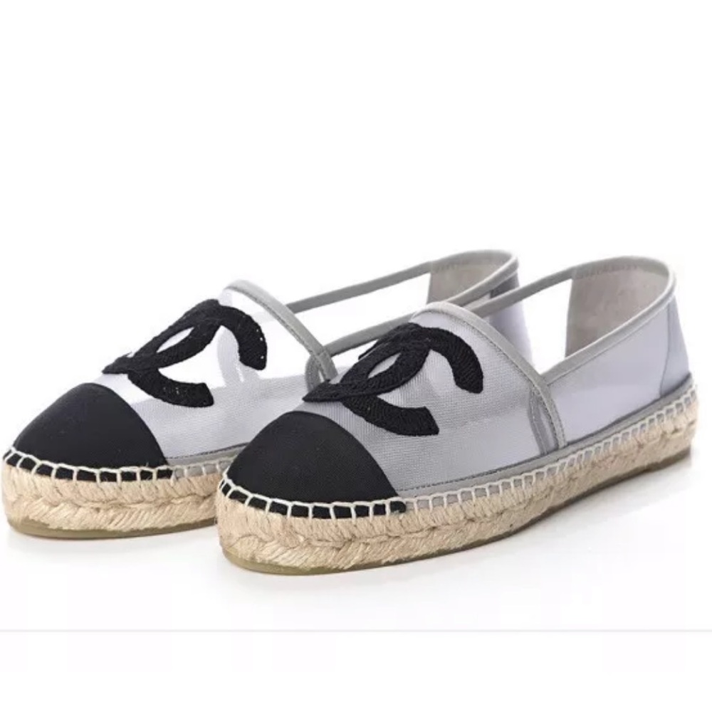 Chanel Mesh Grosgrain Gray / Black Espadrilles